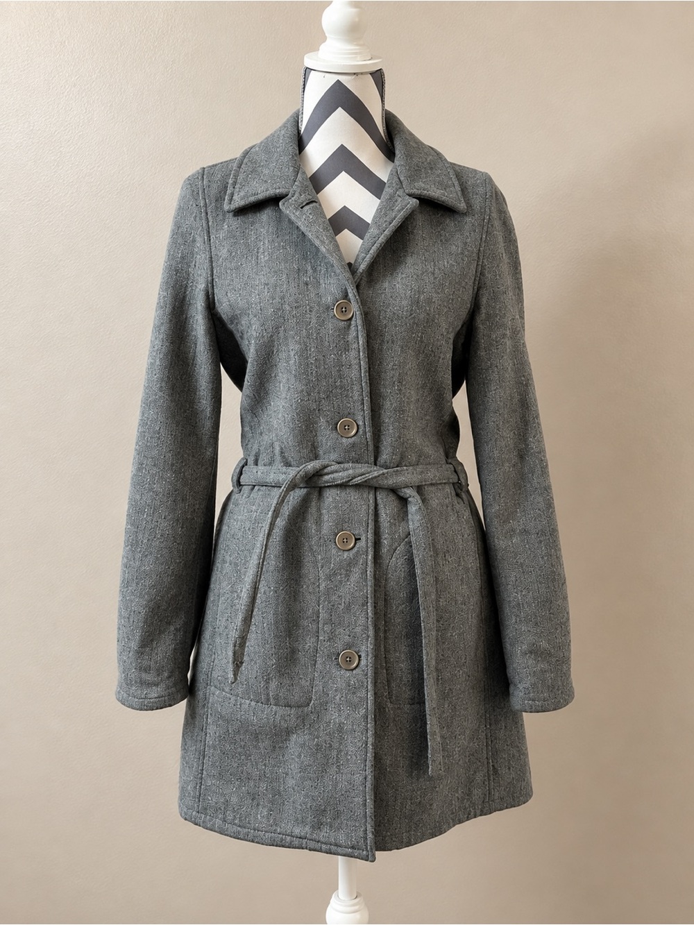 Vintage Abercrombie & Fitch Medium Gray Belted Wool-Blend Pea Coat Trench